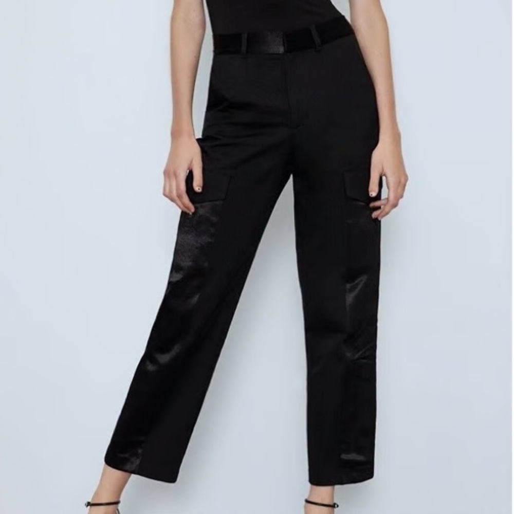 Zara Black High Waisted Combined Satin Cargo Utility Trousers size small